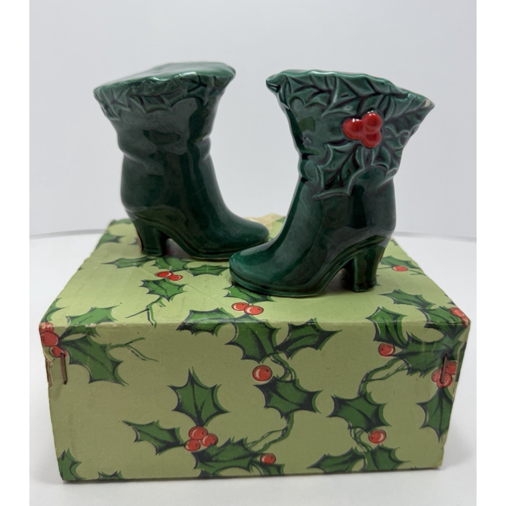 Lefton Vintage Christmas Green Boots Salt & Pepper Shakers Holly Berry